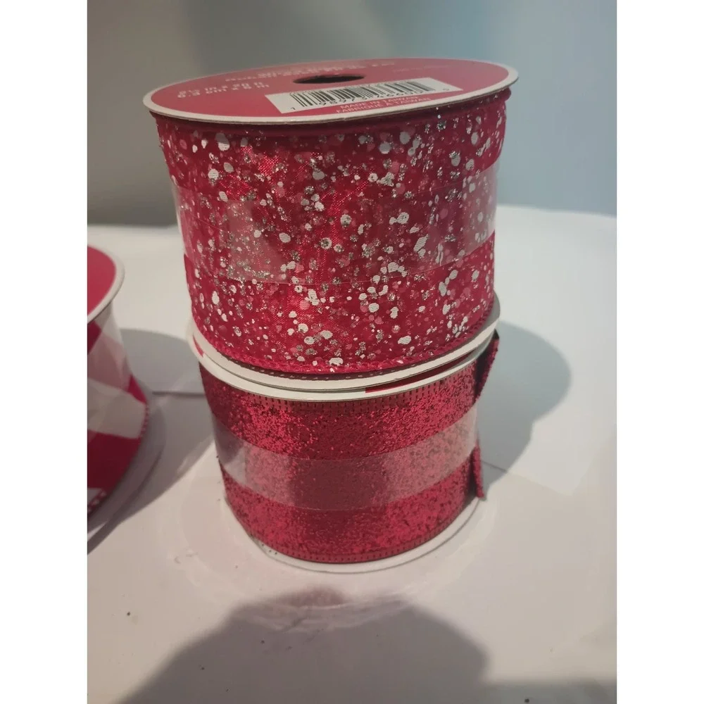 Christmas Wired Ribbon Lot 5 Spools Red Sequin Candy Cane Stripe Glitter Craft